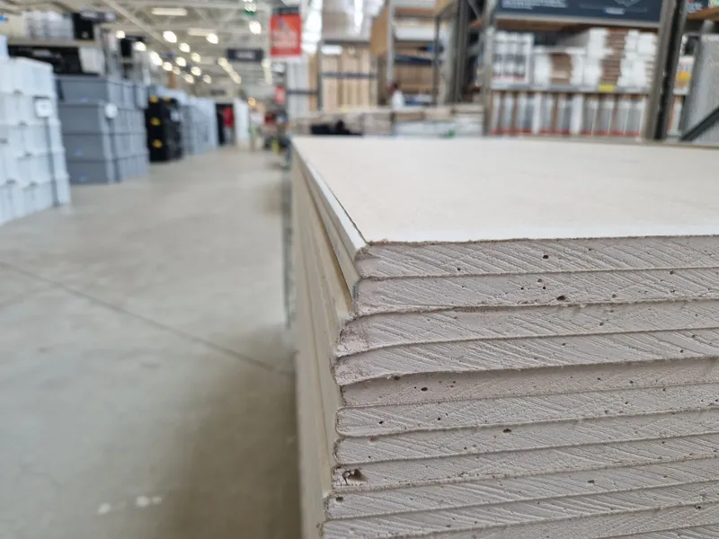 Stacked drywall sheets in a building materials warehouse