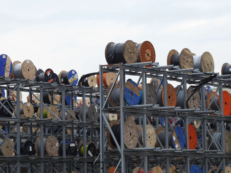Industrial cable reels stacked in an outdoor distribution yard
