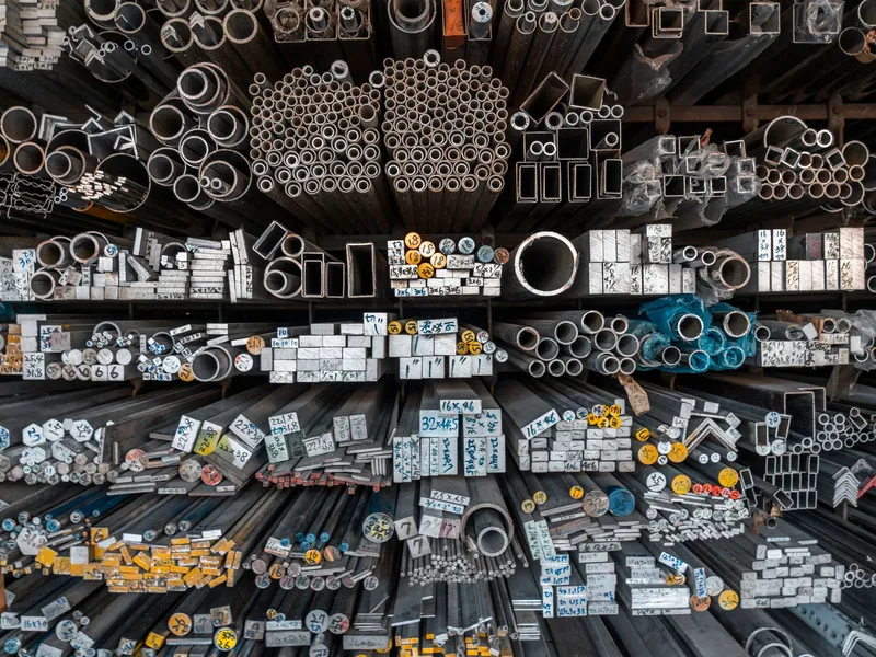 Steel bars, angles, and tubing racked in a metals service center