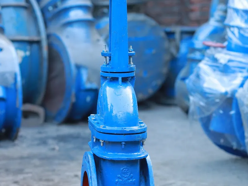 Blue iron gate valves lined up in a distributor warehouse